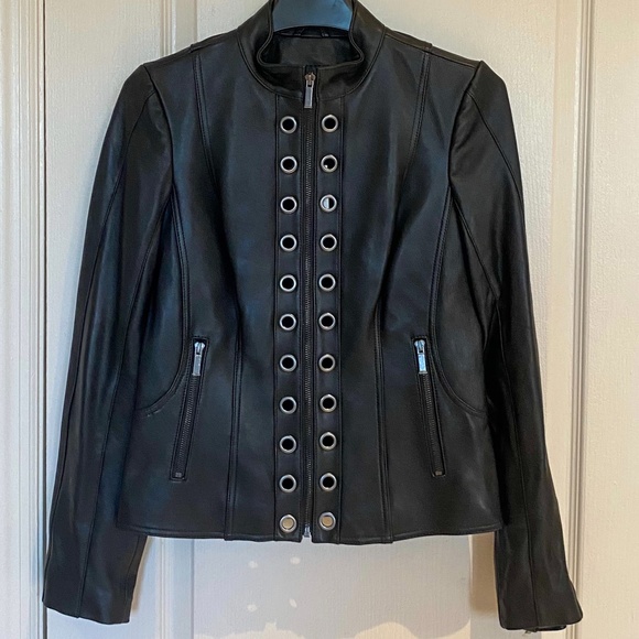 NWT Neiman Marcus Grommet-Trim Lamb Leather Moto - Picture 3 of 15